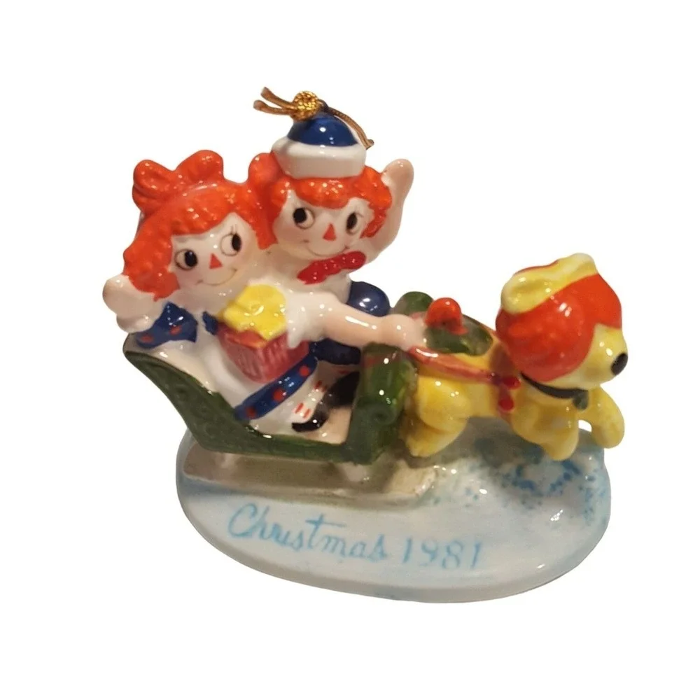 Vintage 80s Schmid Raggedy Ann Andy Snowtime Frolic Christmas Tree Ornament